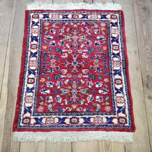 Vtg Wool Floral Oriental Rug Door Mat Hand Knotted Red Blue Fringe 28"×38" - Picture 1 of 7